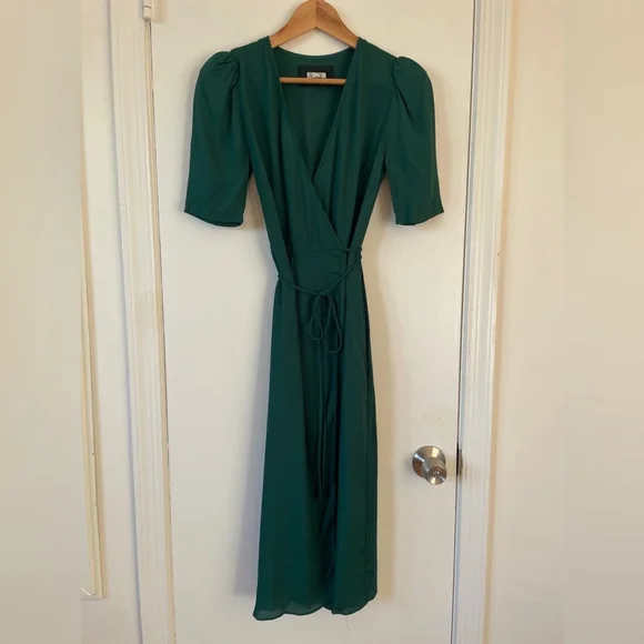 Reformation Marta Green Viscose Surplice Wrap Dress Mini Puff 1/2 Sleeves XS - Picture 3 of 8